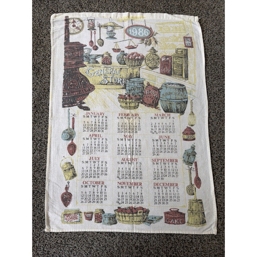 Vintage 1986 Cotton Calendar Kitchen Tea Towel General Store